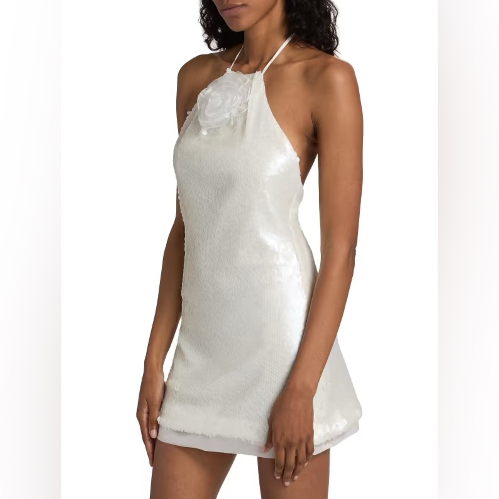 Halter Neck White Sequin Slip Dress with Rosette